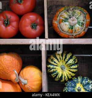 Holzbox mit bunten Obst und Gemüse. Stockfoto