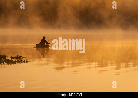 Fischer am Cassidy-See warf seine Linie früh in der Sonne und im Morgennebel Stockfoto