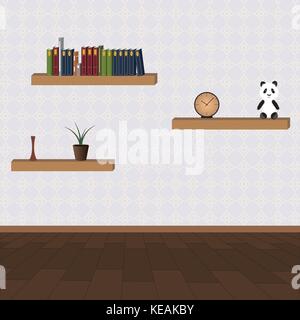 Wohnzimmer mit Regalen und home Material Stock Vektor