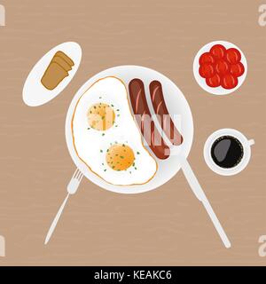 Frühstück mit Spiegelei Wurst salat Brot und Kaffee Stock Vektor