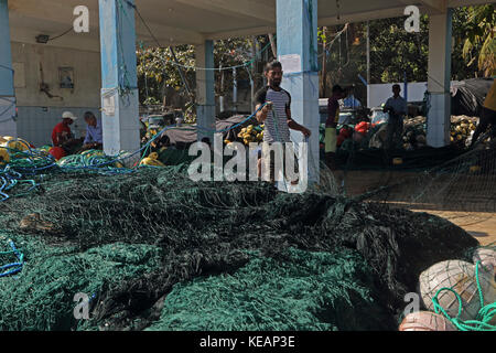 Mirissa Fischereihafen Südprovinz Sri Lanka Fischer Sortierung Netze Stockfoto