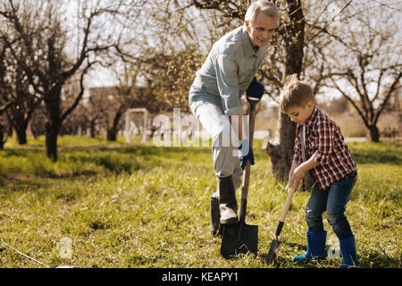 Aufmerksame junge graben Grube für Sapling Stockfoto