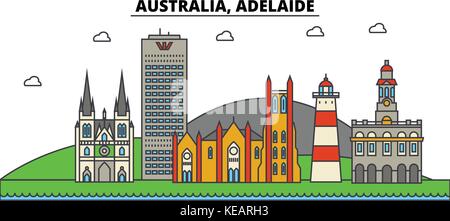 Australien, Adelaide. Skyline der Stadt Architektur, Gebäude, Straßen, Silhouette, Landschaft, Panorama, Wahrzeichen. bearbeitbaren Anschläge. Flaches Design line Vector Illustration Konzept. isolierte Symbole gesetzt Stock Vektor