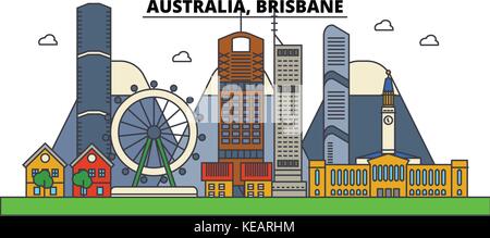 Australien, Brisbane City Skyline Architektur, Gebäude, Straßen, Silhouette, Landschaft, Panorama, Wahrzeichen. bearbeitbaren Anschläge. Flaches Design line Vector Illustration Konzept. isolierte Symbole gesetzt Stock Vektor