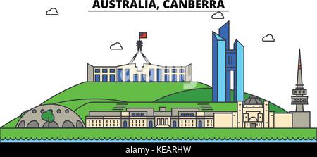 Australien, Canberra. Skyline der Stadt Architektur, Gebäude, Straßen, Silhouette, Landschaft, Panorama, Wahrzeichen. bearbeitbaren Anschläge. Flaches Design line Vector Illustration Konzept. isolierte Symbole gesetzt Stock Vektor