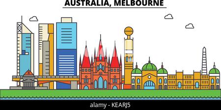 Australien, Melbourne. Skyline der Stadt Architektur, Gebäude, Straßen, Silhouette, Landschaft, Panorama, Wahrzeichen. bearbeitbaren Anschläge. Flaches Design line Vector Illustration Konzept. isolierte Symbole gesetzt Stock Vektor