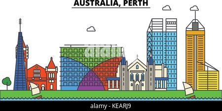 Australien, Perth City Skyline Architektur, Gebäude, Straßen, Silhouette, Landschaft, Panorama, Wahrzeichen. bearbeitbaren Anschläge. Flaches Design line Vector Illustration Konzept. isolierte Symbole gesetzt Stock Vektor