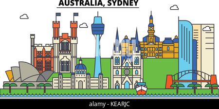 Australien, Sydney Skyline der Stadt Architektur, Gebäude, Straßen, Silhouette, Landschaft, Panorama, Wahrzeichen. bearbeitbaren Anschläge. Flaches Design line Vector Illustration Konzept. isolierte Symbole gesetzt Stock Vektor