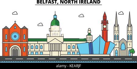 Belfast, Nordirland. Skyline der Stadt Architektur, Gebäude, Straßen, Silhouette, Landschaft, Panorama, Wahrzeichen. bearbeitbaren Anschläge. Flaches Design line Vector Illustration Konzept. isolierte Symbole gesetzt Stock Vektor