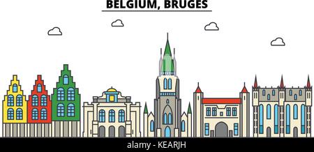 Belgien, Brügge. Skyline der Stadt Architektur, Gebäude, Straßen, Silhouette, Landschaft, Panorama, Wahrzeichen. bearbeitbaren Anschläge. Flaches Design line Vector Illustration Konzept. isolierte Symbole gesetzt Stock Vektor