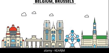 Belgien, Brüssel. Skyline der Stadt Architektur, Gebäude, Straßen, Silhouette, Landschaft, Panorama, Wahrzeichen. bearbeitbaren Anschläge. Flaches Design line Vector Illustration Konzept. isolierte Symbole gesetzt Stock Vektor
