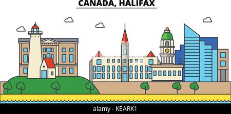 Kanada, Halifax. Skyline der Stadt Architektur, Gebäude, Straßen, Silhouette, Landschaft, Panorama, Wahrzeichen. bearbeitbaren Anschläge. Flaches Design line Vector Illustration Konzept. isolierte Symbole gesetzt Stock Vektor