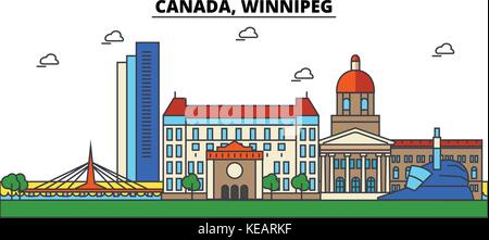 Kanada, Winnipeg. Skyline der Stadt Architektur, Gebäude, Straßen, Silhouette, Landschaft, Panorama, Wahrzeichen. bearbeitbaren Anschläge. Flaches Design line Vector Illustration Konzept. isolierte Symbole gesetzt Stock Vektor