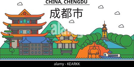 China, Chengdu. Skyline der Stadt Architektur, Gebäude, Straßen, Silhouette, Landschaft, Panorama, Wahrzeichen. bearbeitbaren Anschläge. Flaches Design line Vector Illustration Konzept. isolierte Symbole gesetzt Stock Vektor