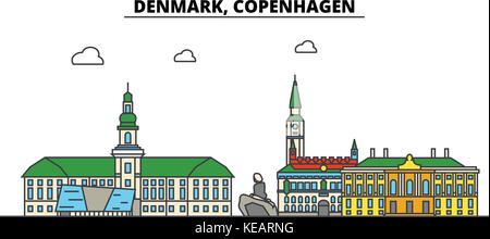 Dänemark, Kopenhagen. Skyline der Stadt Architektur, Gebäude, Straßen, Silhouette, Landschaft, Panorama, Wahrzeichen. bearbeitbaren Anschläge. Flaches Design line Vector Illustration Konzept. isolierte Symbole gesetzt Stock Vektor