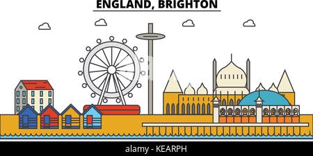 England, Brighton. Skyline der Stadt Architektur, Gebäude, Straßen, Silhouette, Landschaft, Panorama, Wahrzeichen. bearbeitbaren Anschläge. Flaches Design line Vector Illustration Konzept. isolierte Symbole gesetzt Stock Vektor