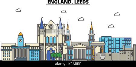 England, Leeds City Skyline Architektur, Gebäude, Straßen, Silhouette, Landschaft, Panorama, Wahrzeichen. bearbeitbaren Anschläge. Flaches Design line Vector Illustration Konzept. isolierte Symbole gesetzt Stock Vektor