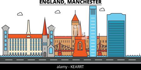 England, Manchester City Skyline Architektur, Gebäude, Straßen, Silhouette, Landschaft, Panorama, Wahrzeichen. bearbeitbaren Anschläge. Flaches Design line Vector Illustration Konzept. isolierte Symbole gesetzt Stock Vektor