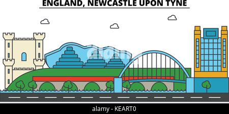 England, Newcastle upon Tyne. Skyline der Stadt Architektur, Gebäude, Straßen, Silhouette, Landschaft, Panorama, Wahrzeichen. bearbeitbaren Anschläge. Flaches Design line Vector Illustration Konzept. Symbole gesetzt Stock Vektor