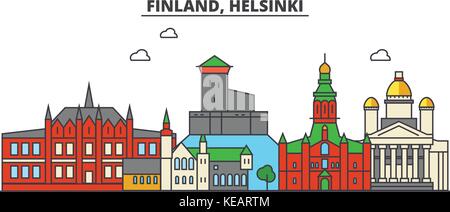 Finnland, Helsinki City Skyline Architektur, Gebäude, Straßen, Silhouette, Landschaft, Panorama, Wahrzeichen. bearbeitbaren Anschläge. Flaches Design line Vector Illustration Konzept. isolierte Symbole gesetzt Stock Vektor