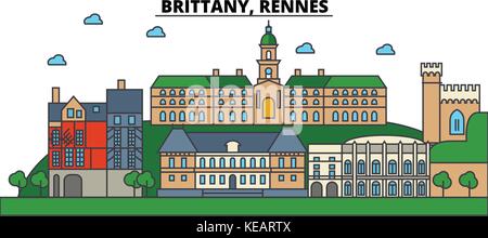 Frankreich, Bretagne, Rennes. Skyline der Stadt Architektur, Gebäude, Straßen, Silhouette, Landschaft, Panorama, Wahrzeichen. bearbeitbaren Anschläge. Flaches Design line Vector Illustration Konzept. isolierte Symbole gesetzt Stock Vektor