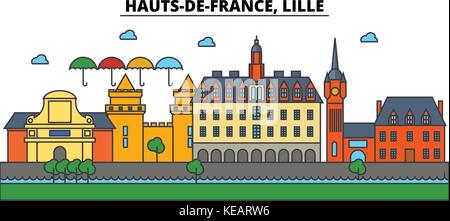 Frankreich, Lille, Hauts-de-France. Skyline der Stadt Architektur, Gebäude, Straßen, Silhouette, Landschaft, Panorama, Wahrzeichen. bearbeitbaren Anschläge. Flaches Design line Vector Illustration. isolierte Symbole gesetzt Stock Vektor