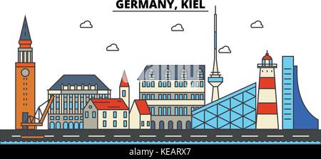 Deutschland, Kiel. City Skyline Architektur, Gebäude, Straßen, Silhouette, Landschaft, Panorama, Wahrzeichen. bearbeitbaren Anschläge. Flaches Design line Vector Illustration Konzept. isolierte Symbole gesetzt Stock Vektor