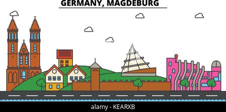 Deutschland, Magdeburg. Skyline der Stadt Architektur, Gebäude, Straßen, Silhouette, Landschaft, Panorama, Wahrzeichen. bearbeitbaren Anschläge. Flaches Design line Vector Illustration Konzept. isolierte Symbole gesetzt Stock Vektor