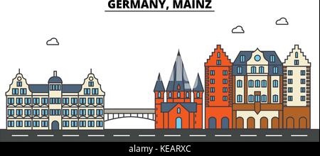 Deutschland, Mainz. Skyline der Stadt Architektur, Gebäude, Straßen, Silhouette, Landschaft, Panorama, Wahrzeichen. bearbeitbaren Anschläge. Flaches Design line Vector Illustration Konzept. isolierte Symbole gesetzt Stock Vektor