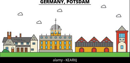 Deutschland, Potsdam. Skyline der Stadt Architektur, Gebäude, Straßen, Silhouette, Landschaft, Panorama, Wahrzeichen. bearbeitbaren Anschläge. Flaches Design line Vector Illustration Konzept. isolierte Symbole gesetzt Stock Vektor