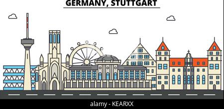 Deutschland, Stuttgart. Skyline der Stadt Architektur, Gebäude, Straßen, Silhouette, Landschaft, Panorama, Wahrzeichen. bearbeitbaren Anschläge. Flaches Design line Vector Illustration Konzept. isolierte Symbole gesetzt Stock Vektor