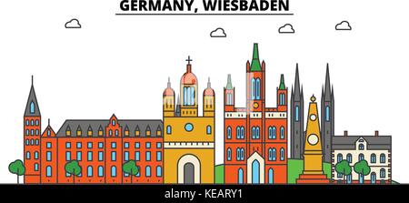 Deutschland, Wiesbaden. Skyline der Stadt Architektur, Gebäude, Straßen, Silhouette, Landschaft, Panorama, Wahrzeichen. bearbeitbaren Anschläge. Flaches Design line Vector Illustration Konzept. isolierte Symbole gesetzt Stock Vektor