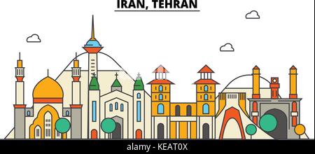 Iran, Teheran. Skyline der Stadt Architektur, Gebäude, Straßen, Silhouette, Landschaft, Panorama, Wahrzeichen. bearbeitbaren Anschläge. Flaches Design line Vector Illustration Konzept. isolierte Symbole gesetzt Stock Vektor