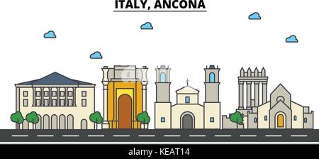 Italien, Ancona. Skyline der Stadt Architektur, Gebäude, Straßen, Silhouette, Landschaft, Panorama, Wahrzeichen. bearbeitbaren Anschläge. Flaches Design line Vector Illustration Konzept. isolierte Symbole gesetzt Stock Vektor