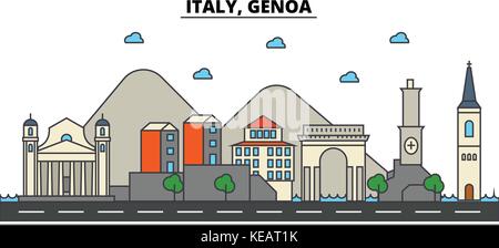 Italien, Genua. Skyline der Stadt Architektur, Gebäude, Straßen, Silhouette, Landschaft, Panorama, Wahrzeichen. bearbeitbaren Anschläge. Flaches Design line Vector Illustration Konzept. isolierte Symbole gesetzt Stock Vektor