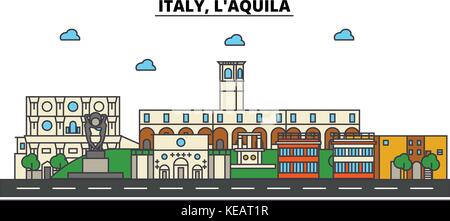 Italien, L Aquila. Skyline der Stadt Architektur, Gebäude, Straßen, Silhouette, Landschaft, Panorama, Wahrzeichen. bearbeitbaren Anschläge. Flaches Design line Vector Illustration Konzept. isolierte Symbole gesetzt Stock Vektor