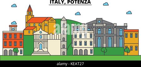 Italien, Potenza. Skyline der Stadt Architektur, Gebäude, Straßen, Silhouette, Landschaft, Panorama, Wahrzeichen. bearbeitbaren Anschläge. Flaches Design line Vector Illustration Konzept. isolierte Symbole gesetzt Stock Vektor