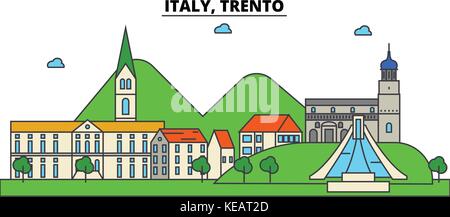 Italien, Trento. Skyline der Stadt Architektur, Gebäude, Straßen, Silhouette, Landschaft, Panorama, Wahrzeichen. bearbeitbaren Anschläge. Flaches Design line Vector Illustration Konzept. isolierte Symbole gesetzt Stock Vektor