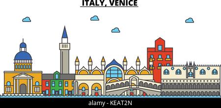 Italien, Venedig. Skyline der Stadt Architektur, Gebäude, Straßen, Silhouette, Landschaft, Panorama, Wahrzeichen. bearbeitbaren Anschläge. Flaches Design line Vector Illustration Konzept. isolierte Symbole gesetzt Stock Vektor