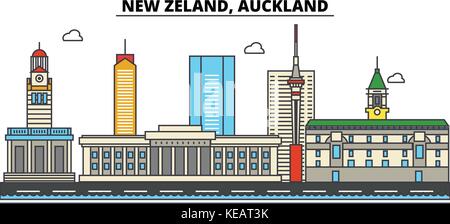 Neuseeland, Auckland City Skyline Architektur, Gebäude, Straßen, Silhouette, Landschaft, Panorama, Wahrzeichen. bearbeitbaren Anschläge. Flaches Design line Vector Illustration Konzept. isolierte Symbole Stock Vektor