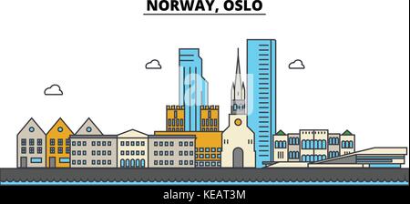 Norwegen, Oslo City Skyline Architektur, Gebäude, Straßen, Silhouette, Landschaft, Panorama, Wahrzeichen. bearbeitbaren Anschläge. Flaches Design line Vector Illustration Konzept. isolierte Symbole gesetzt Stock Vektor