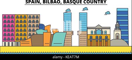 Spanien, Bilbao, Baskenland. Skyline der Stadt Architektur, Gebäude, Straßen, Silhouette, Landschaft, Panorama, Wahrzeichen. bearbeitbaren Anschläge. Flaches Design line Vector Illustration. isolierte Symbole gesetzt Stock Vektor