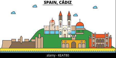 Spanien, Cadiz. Skyline der Stadt Architektur, Gebäude, Straßen, Silhouette, Landschaft, Panorama, Wahrzeichen. bearbeitbaren Anschläge. Flaches Design line Vector Illustration Konzept. isolierte Symbole gesetzt Stock Vektor