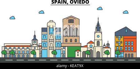 Spanien, Oviedo. Skyline der Stadt Architektur, Gebäude, Straßen, Silhouette, Landschaft, Panorama, Wahrzeichen. bearbeitbaren Anschläge. Flaches Design line Vector Illustration Konzept. isolierte Symbole gesetzt Stock Vektor