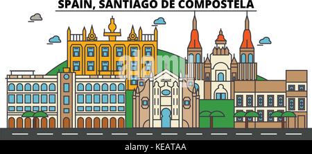 Spanien, Santiago de Compostela. Skyline der Stadt Architektur, Gebäude, Straßen, Silhouette, Landschaft, Panorama, Wahrzeichen. bearbeitbaren Anschläge. Flaches Design line Vector Illustration. isolierte Symbole gesetzt Stock Vektor