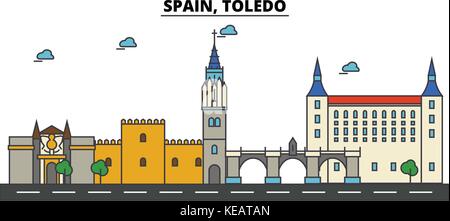 Spanien, Toledo. Skyline der Stadt Architektur, Gebäude, Straßen, Silhouette, Landschaft, Panorama, Wahrzeichen. bearbeitbaren Anschläge. Flaches Design line Vector Illustration Konzept. isolierte Symbole gesetzt Stock Vektor