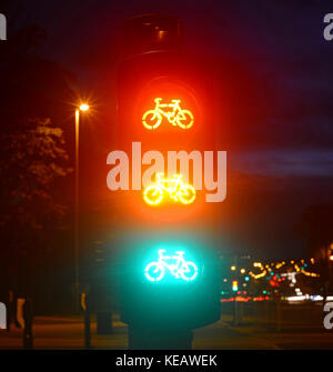 Ampel für Radfahrer auf neue Leeds superzyklus Autobahn bei Dämmerung Vereinigtes Königreich Stockfoto