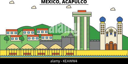 Mexiko, Acapulco. Skyline der Stadt, Architektur, Gebäude, Straßen, Silhouette, Landschaft, Panorama, Sehenswürdigkeiten, Symbole. bearbeitbaren Anschläge. Flaches Design line Vector Illustration Konzept Stock Vektor