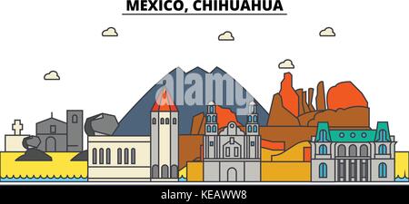 Mexiko, Chihuahua. Skyline der Stadt, Architektur, Gebäude, Straßen, Silhouette, Landschaft, Panorama, Sehenswürdigkeiten, Symbole. bearbeitbaren Anschläge. Flaches Design line Vector Illustration Konzept Stock Vektor