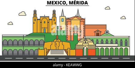 Mexiko, Merida. Skyline der Stadt, Architektur, Gebäude, Straßen, Silhouette, Landschaft, Panorama, Wahrzeichen. bearbeitbaren Anschläge. Flaches Design line Vector Illustration Konzept. isolierte Symbole Stock Vektor